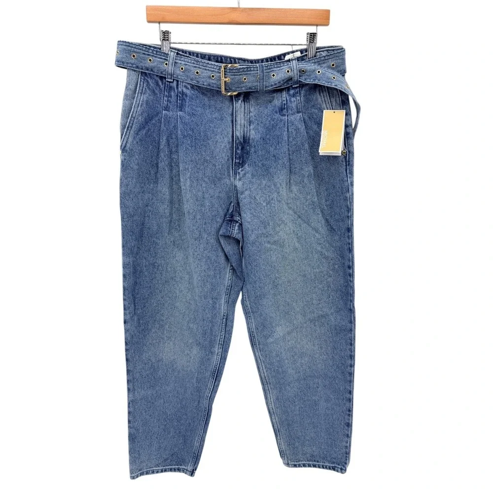 NWT Michael Kors Pleated Belted Denim Pants Vintage Wash High Rise Tapered Sz 12